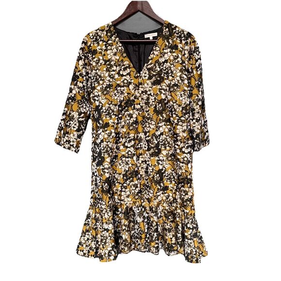 Ann Mashburn Size Small  Yellow Brown Floral Vneck Dress Ruffled Lined - Picture 1 of 10